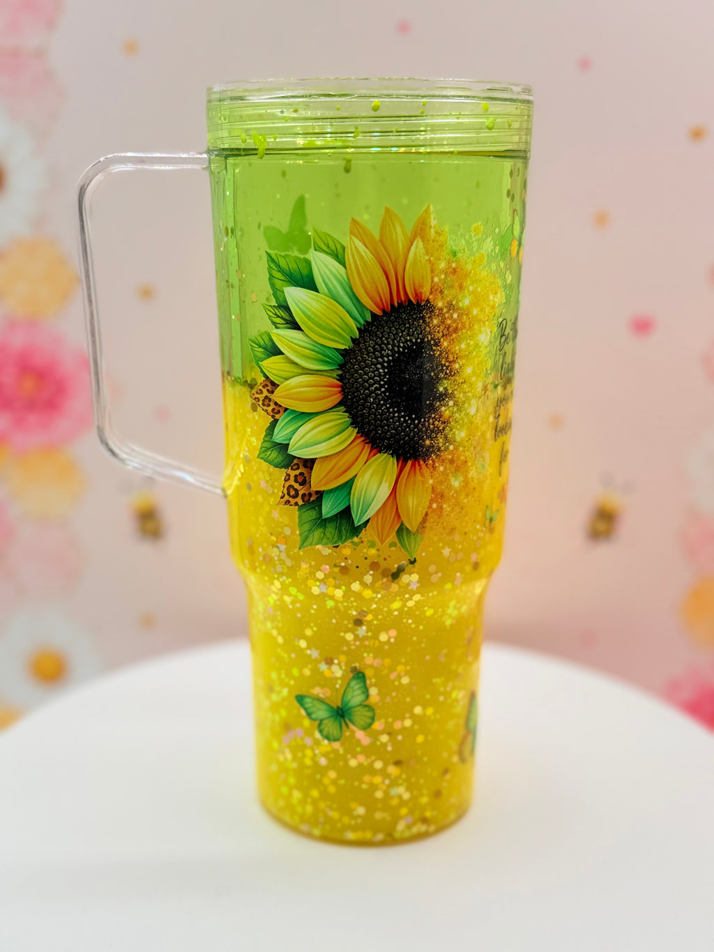 Lava Tumbler | Handmade Yellow Glitter Flow Cup | 40 oz Double Wall Acrylic Tumbler with Handle | Floral Gift for Sunflower Lovers