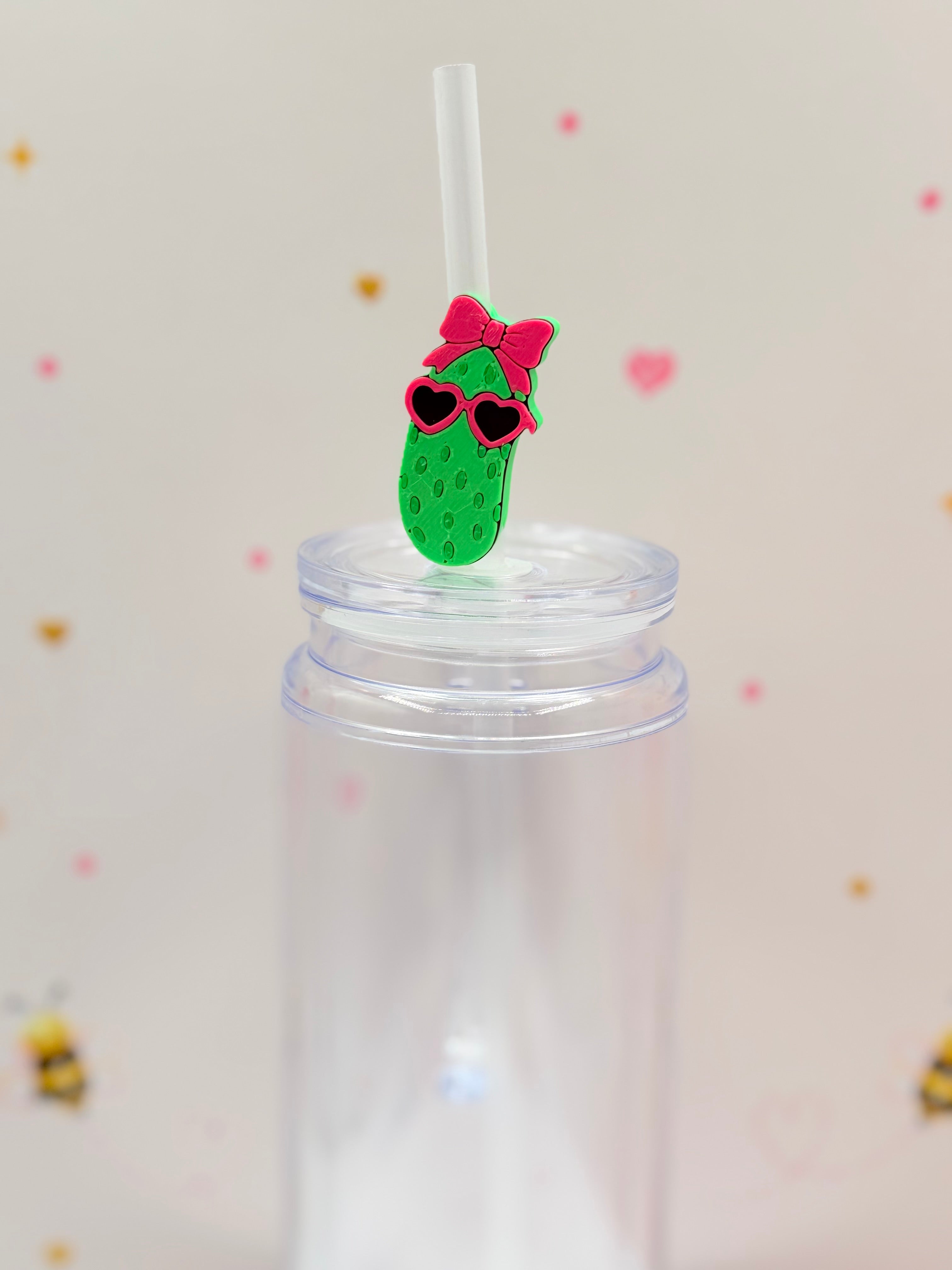 Cute Pickle Straw Topper | Pink Bow & Heart Sunglasses Straw Charm