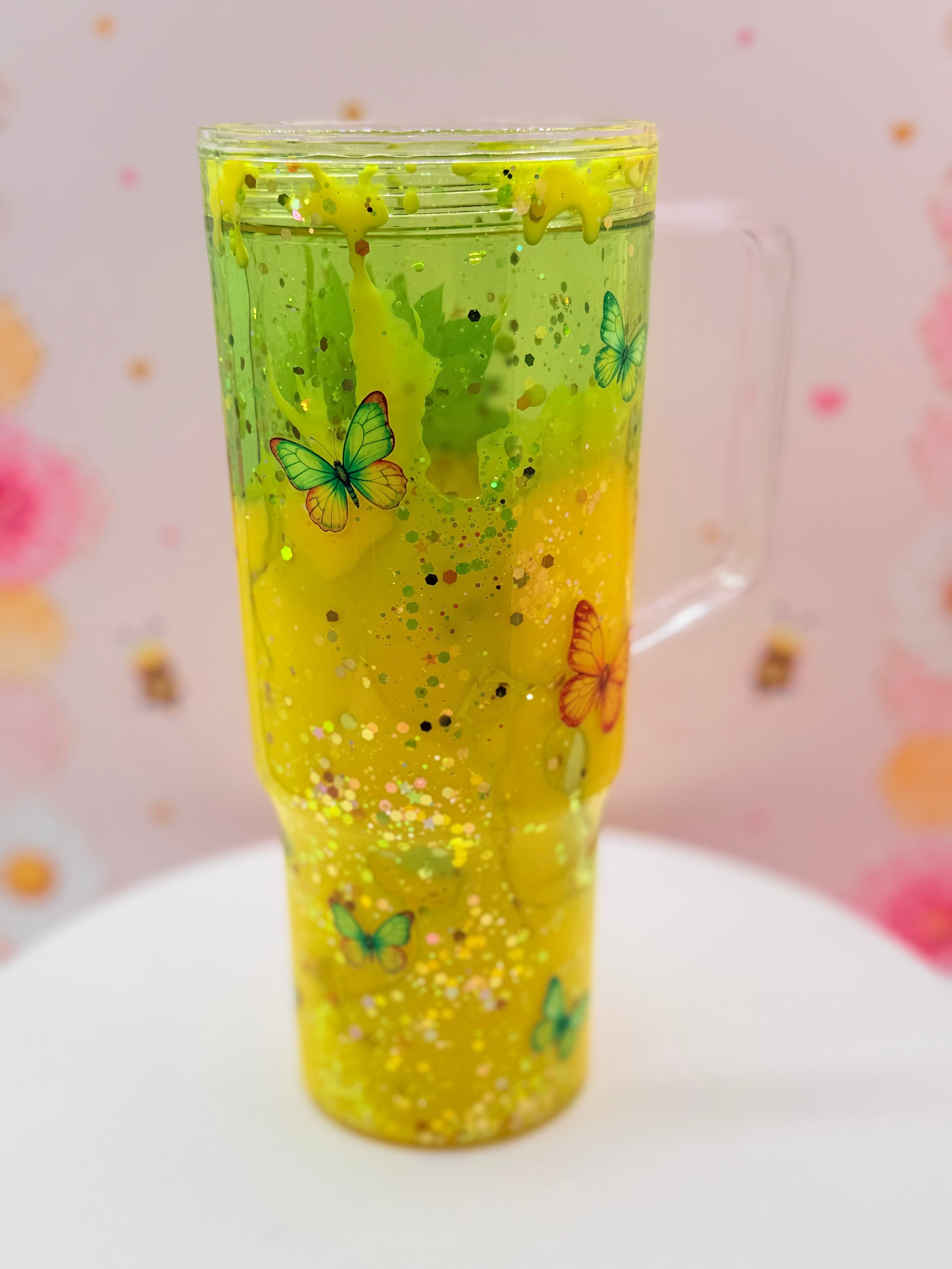 Lava Tumbler | Handmade Yellow Glitter Flow Cup | 40 oz Double Wall Acrylic Tumbler with Handle | Floral Gift for Sunflower Lovers