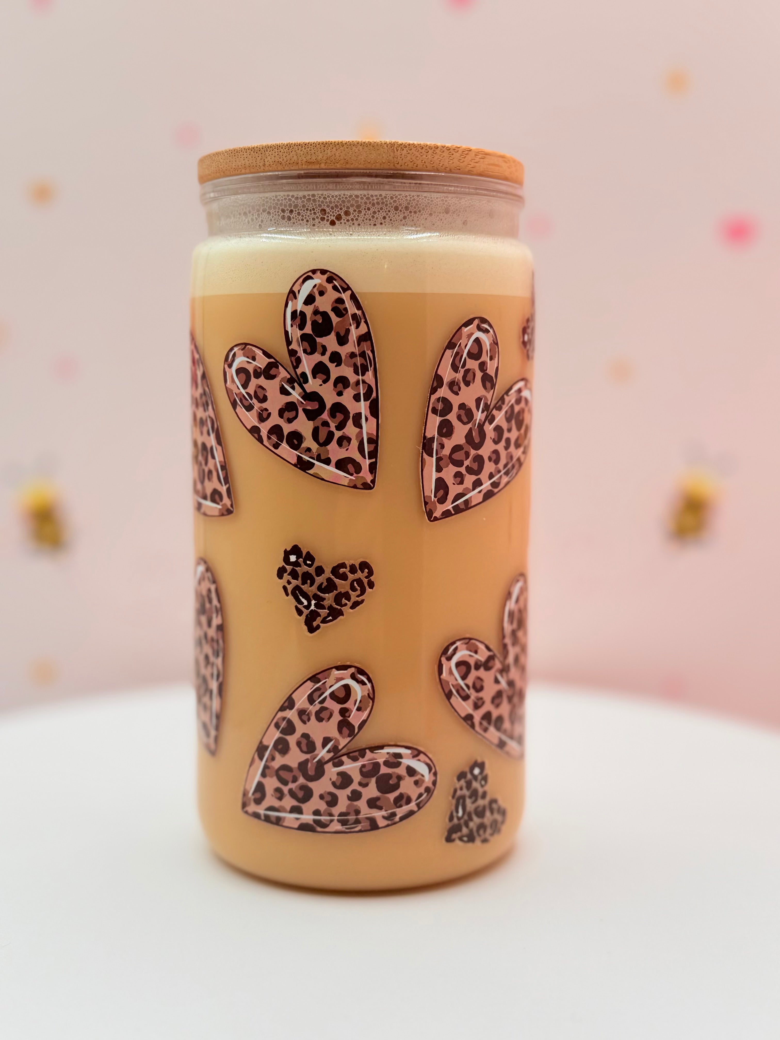 I Run on Caffeine and Kisses Glass Can Cup | Leopard Heart Iced Coffee Cup | Cute Coffee Lover Tumbler | 16 oz Bamboo Lid & Glass Straw