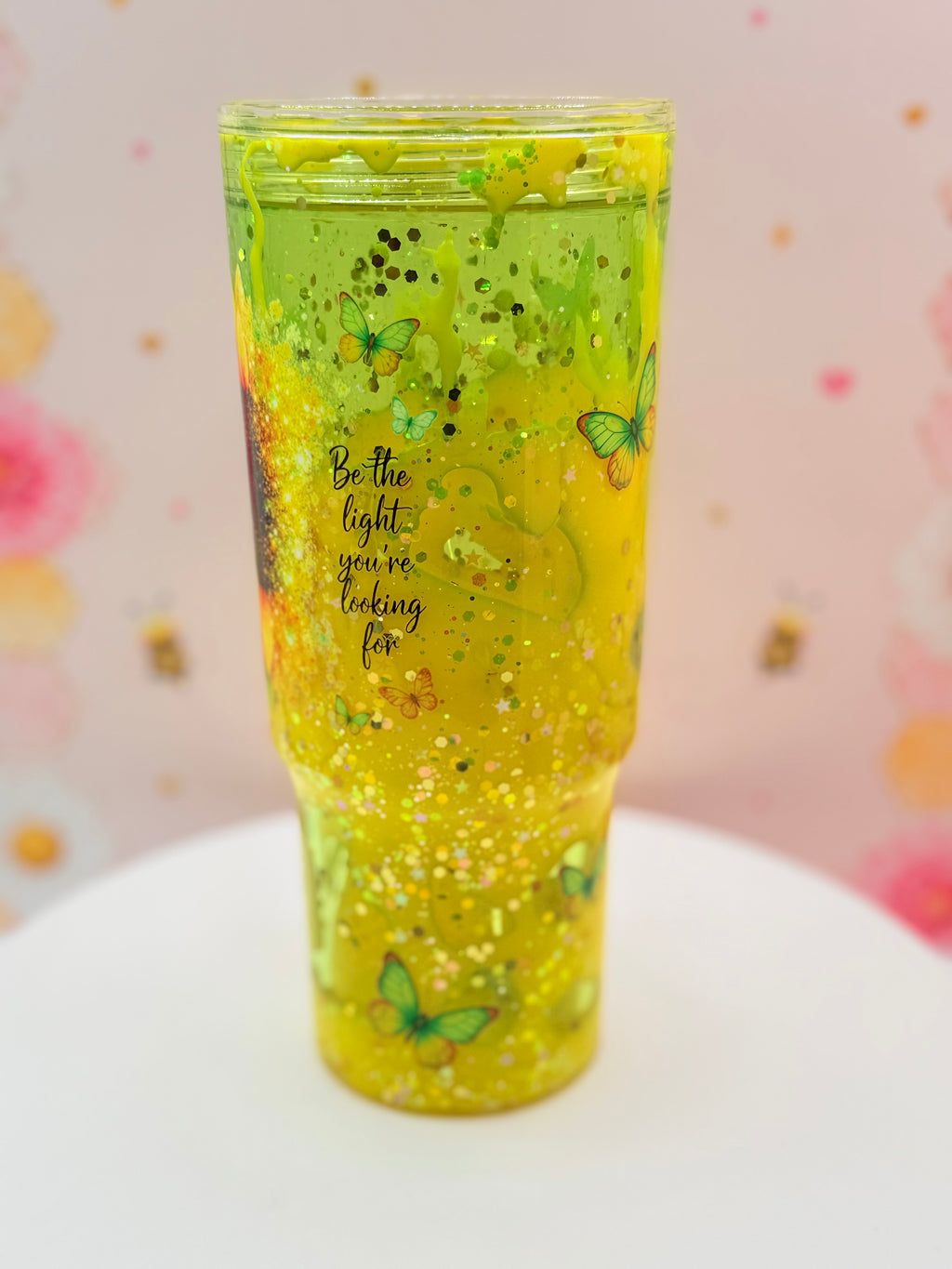 Lava Tumbler | Handmade Yellow Glitter Flow Cup | 40 oz Double Wall Acrylic Tumbler with Handle | Floral Gift for Sunflower Lovers