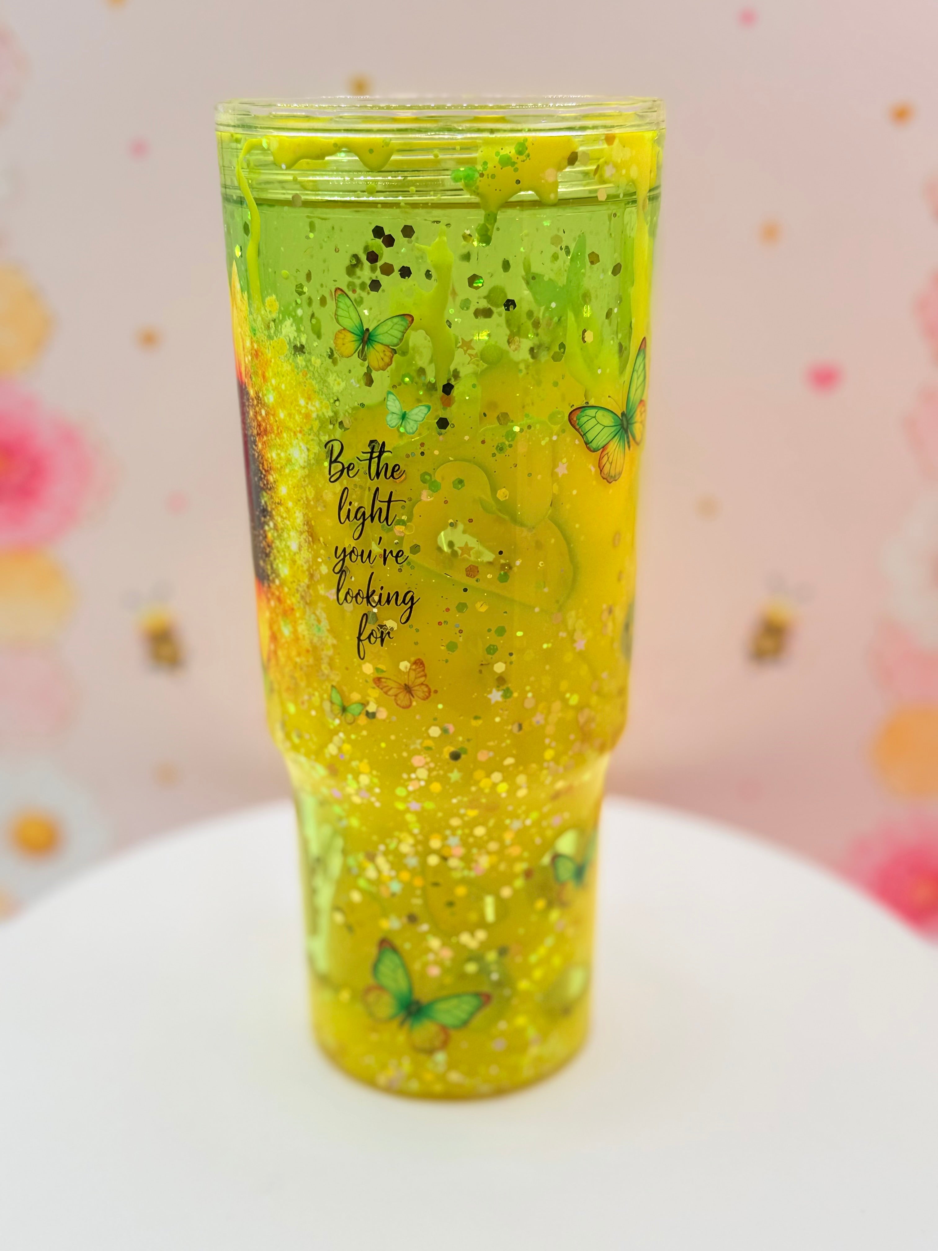 Lava Tumbler | Handmade Yellow Glitter Flow Cup | 40 oz Double Wall Acrylic Tumbler with Handle | Floral Gift for Sunflower Lovers