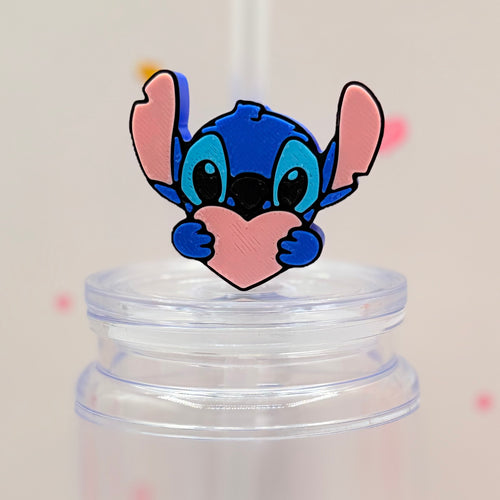 Blue Alien Holding Heart Straw Topper