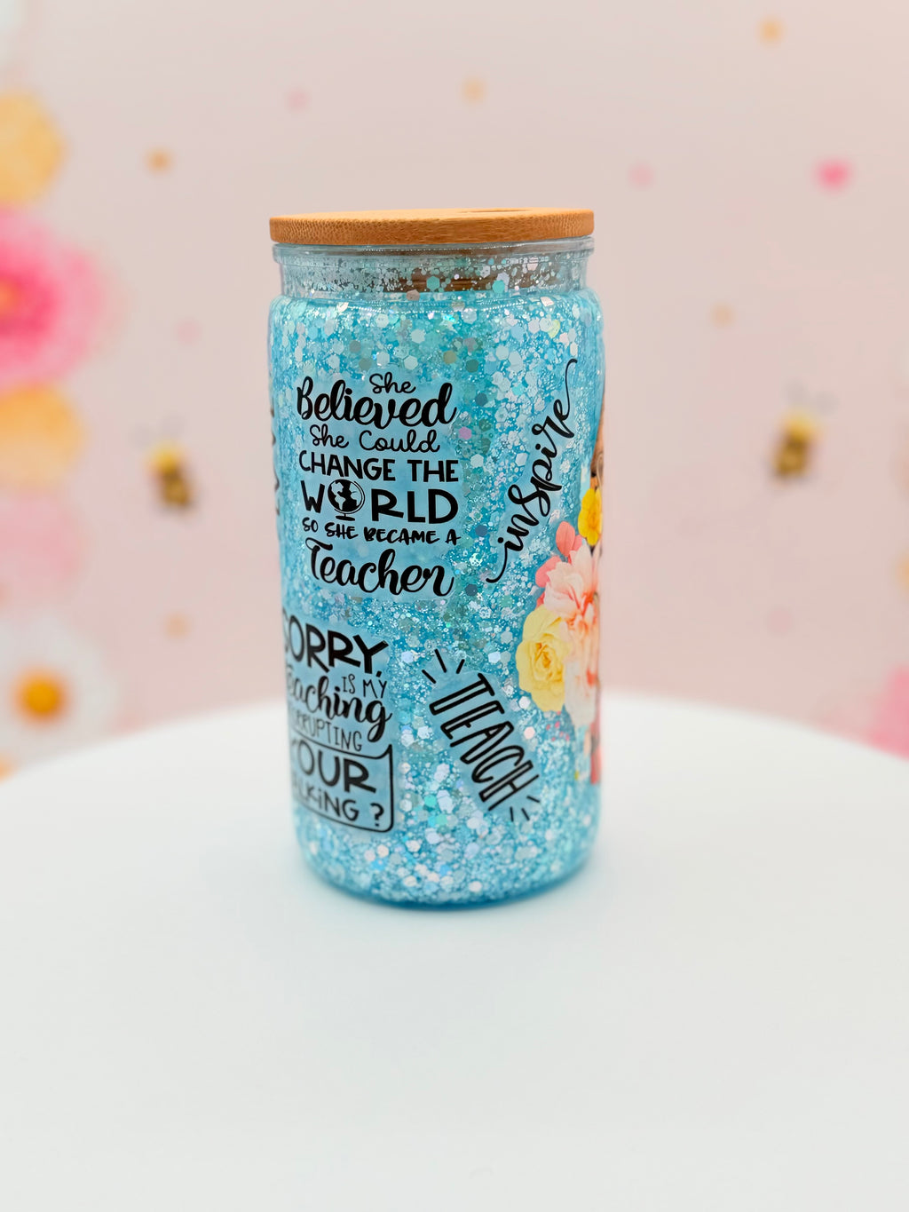 Personalized Teacher Glitter Glass Can | 16 oz Blue Glitter Teacher Tumbler | Custom Teacher Name Cup | Appreciation Gift | Bamboo Lid & Glass Straw