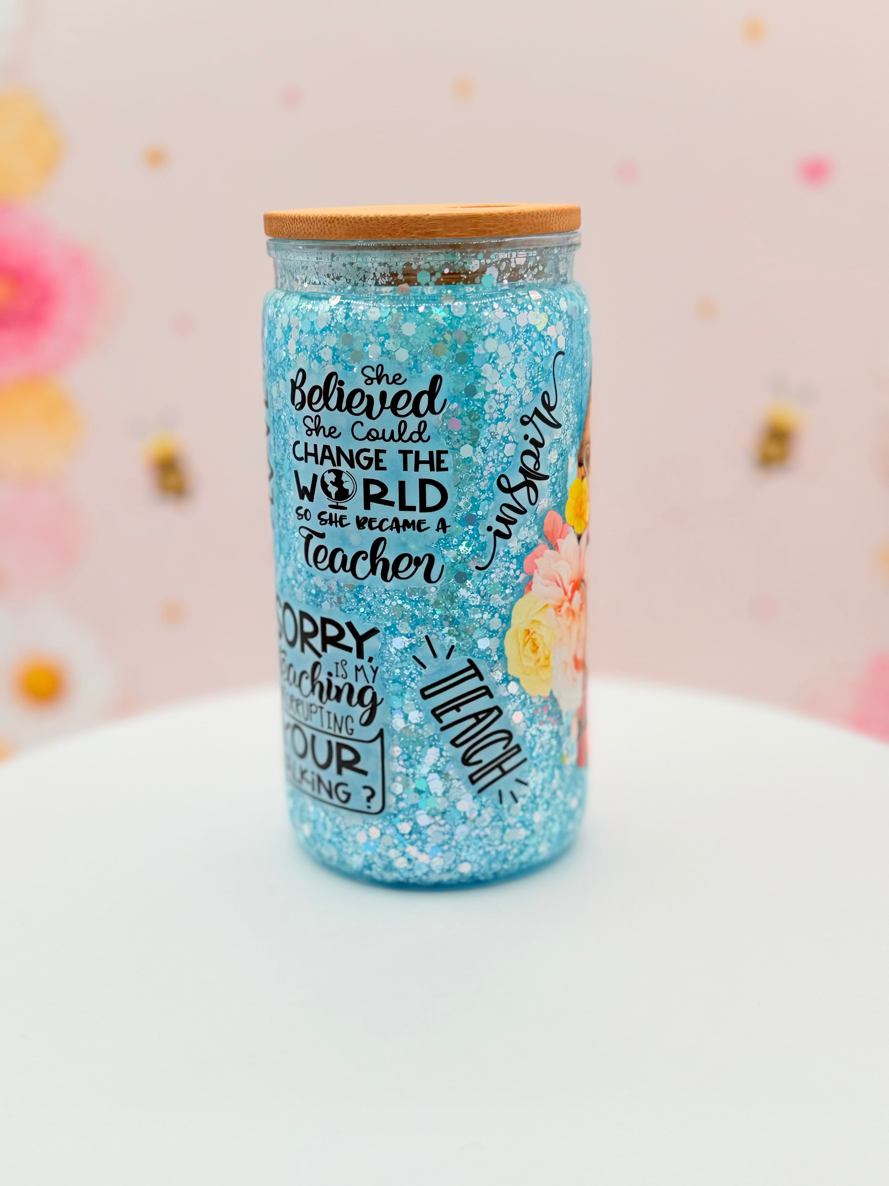 Personalized Teacher Glitter Glass Can | 16 oz Blue Glitter Teacher Tumbler | Custom Teacher Name Cup | Appreciation Gift | Bamboo Lid & Glass Straw