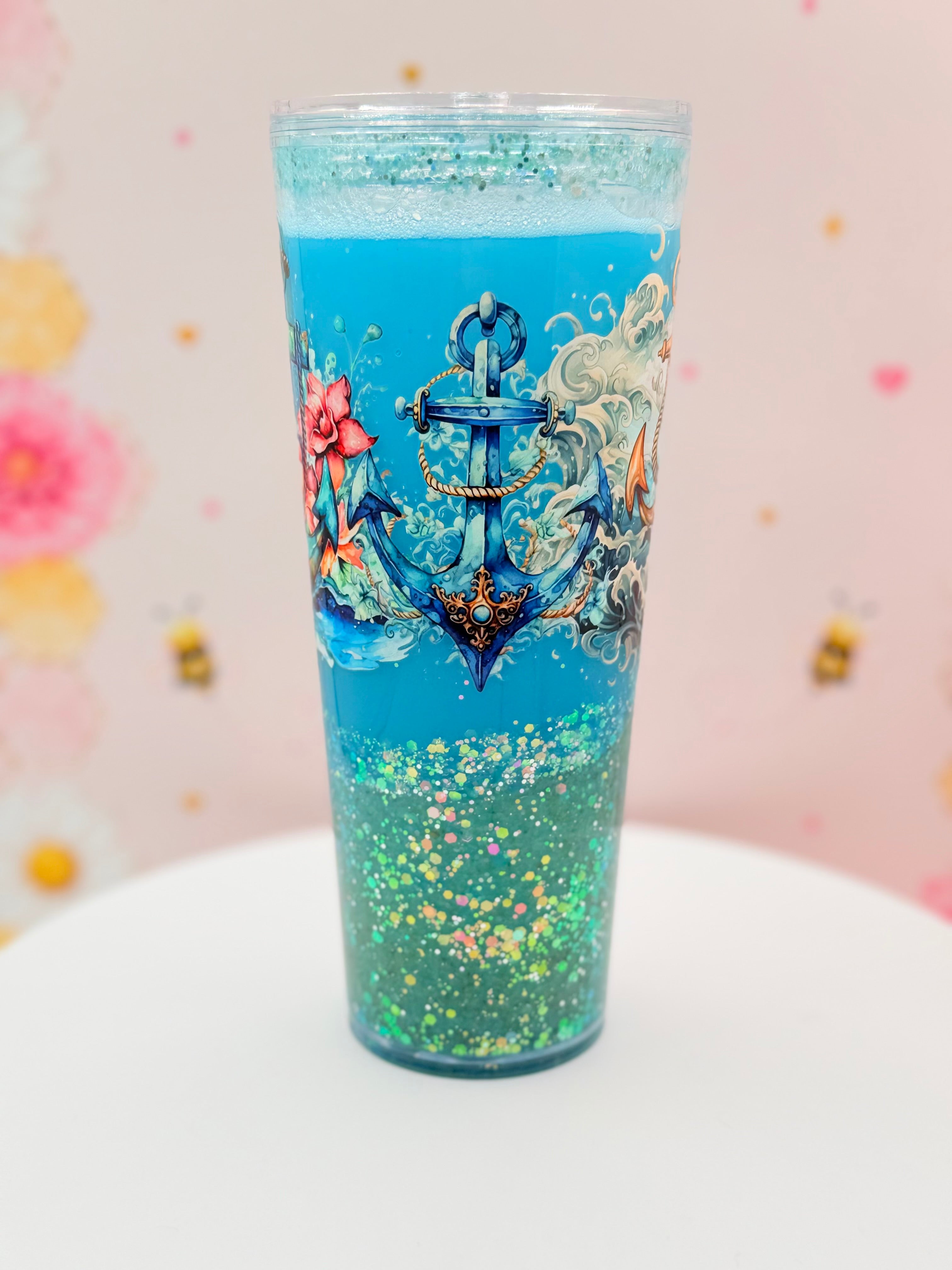 Coastal Anchor Lava Tumbler | Handmade Ocean Glitter Flow Cup | 24 oz Double Wall Acrylic Tumbler | Nautical Beach Gift