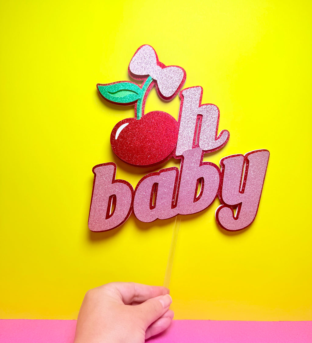 Oh Baby Cherry Cake Topper | Pink Glitter, Coquette Bow, Baby Shower Decoration