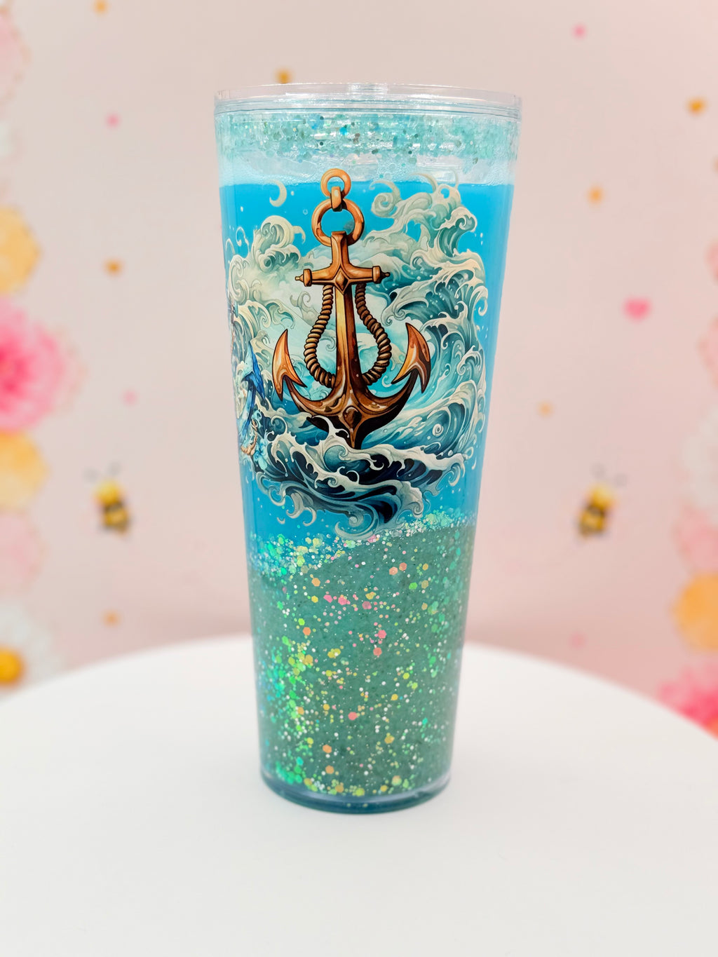 Coastal Anchor Lava Tumbler | Handmade Ocean Glitter Flow Cup | 24 oz Double Wall Acrylic Tumbler | Nautical Beach Gift