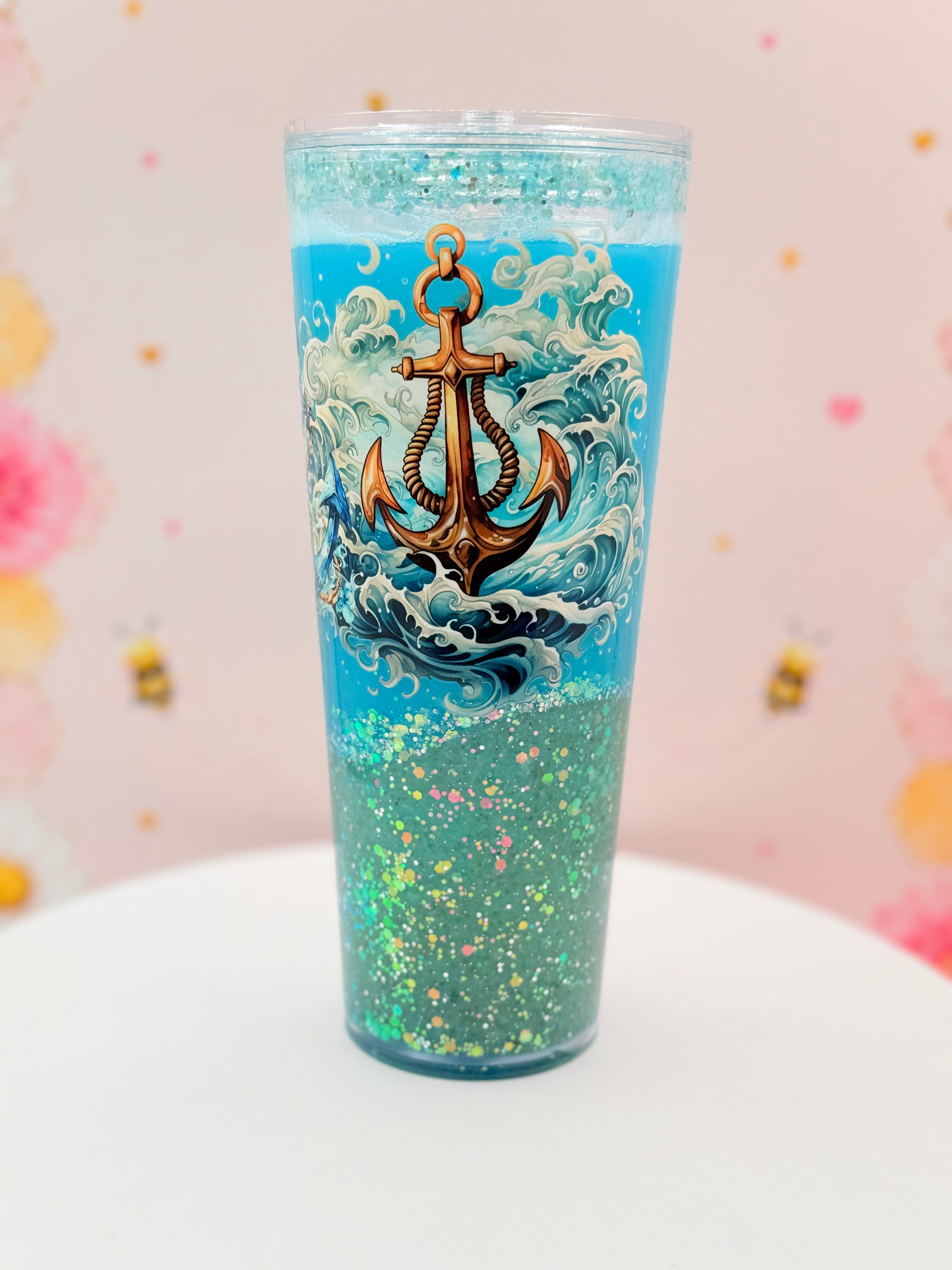 Coastal Anchor Lava Tumbler | Handmade Ocean Glitter Flow Cup | 24 oz Double Wall Acrylic Tumbler | Nautical Beach Gift