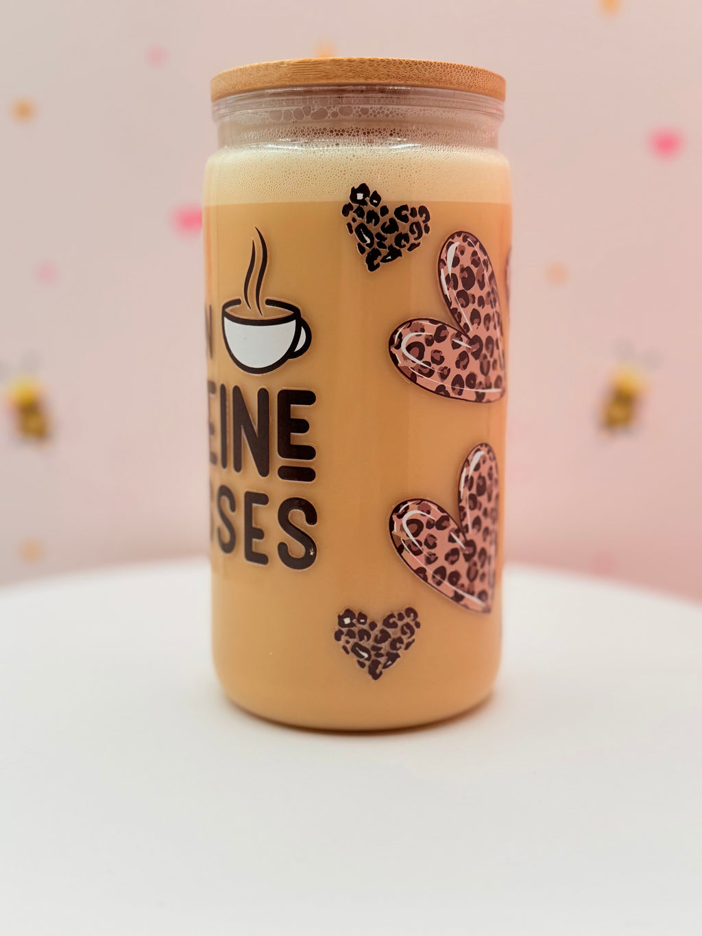 I Run on Caffeine and Kisses Glass Can Cup | Leopard Heart Iced Coffee Cup | Cute Coffee Lover Tumbler | 16 oz Bamboo Lid & Glass Straw