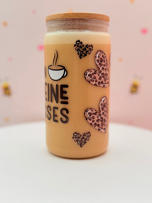 I Run on Caffeine and Kisses Glass Can Cup | Leopard Heart Iced Coffee Cup | Cute Coffee Lover Tumbler | 16 oz Bamboo Lid & Glass Straw