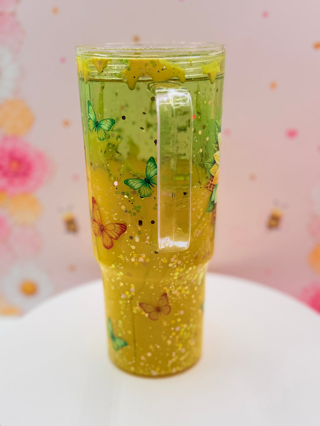 Lava Tumbler | Handmade Yellow Glitter Flow Cup | 40 oz Double Wall Acrylic Tumbler with Handle | Floral Gift for Sunflower Lovers