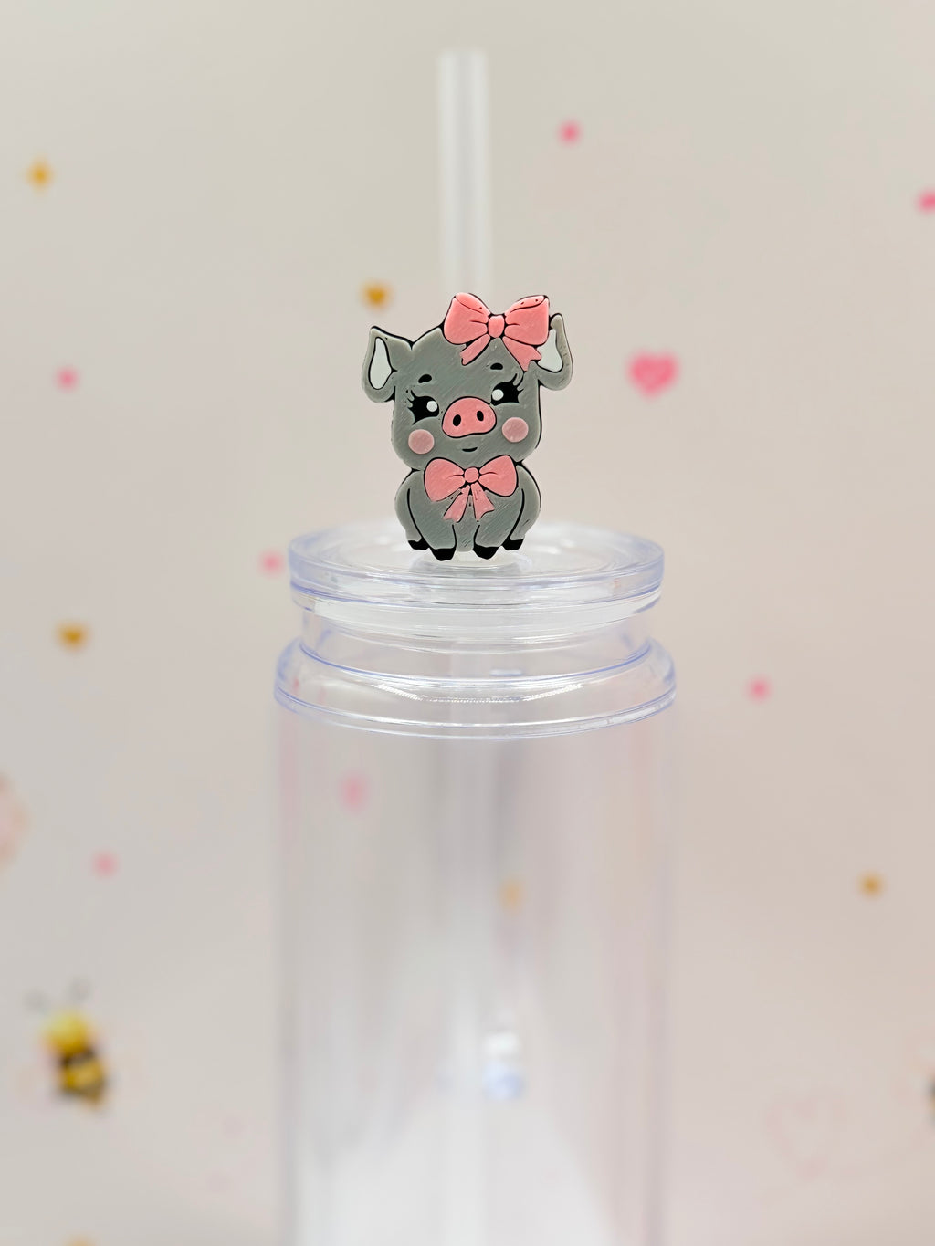 Cute Pink Bow Pig Straw Topper | Piggy Straw Charm