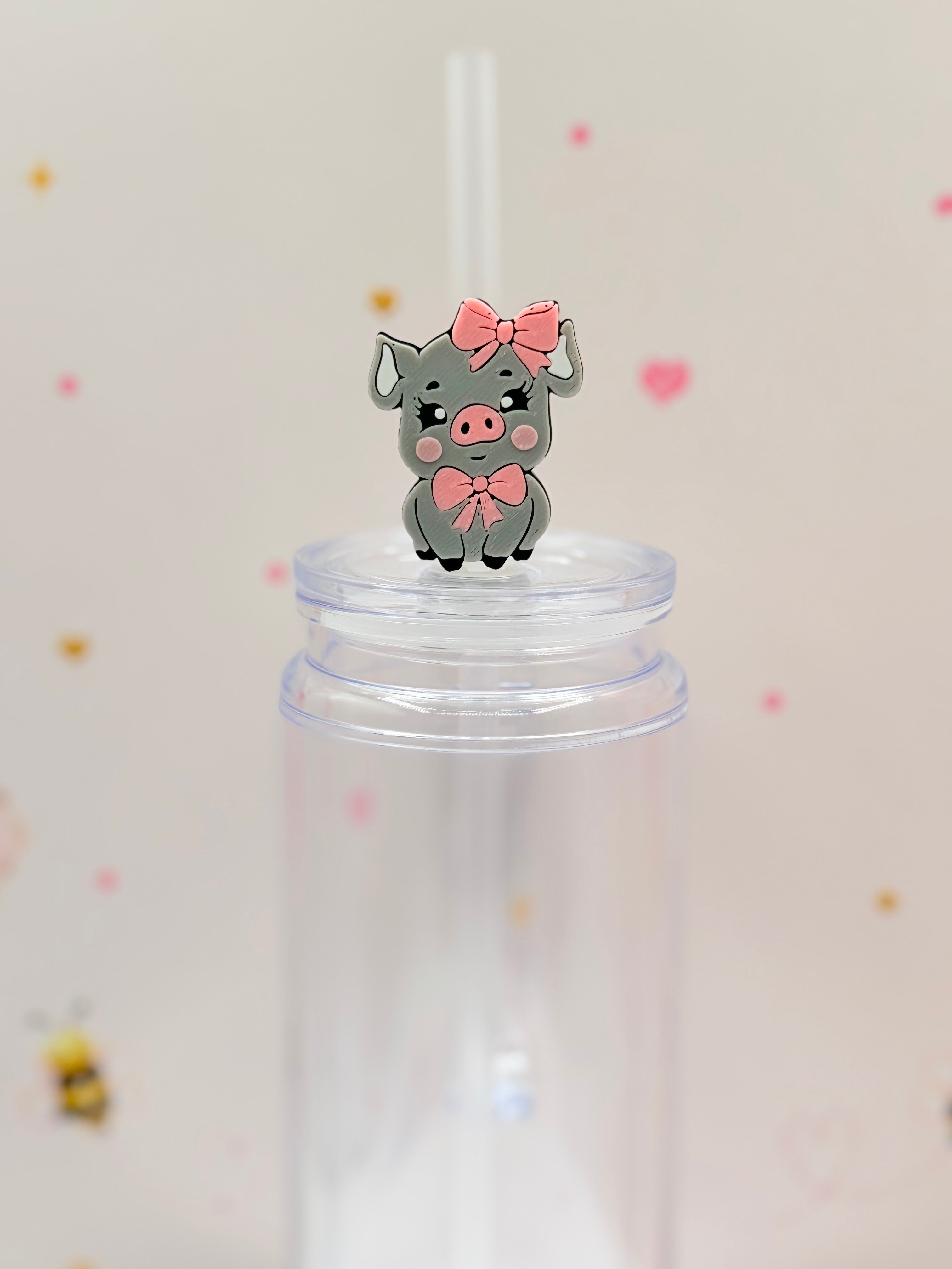 Cute Pink Bow Pig Straw Topper | Piggy Straw Charm