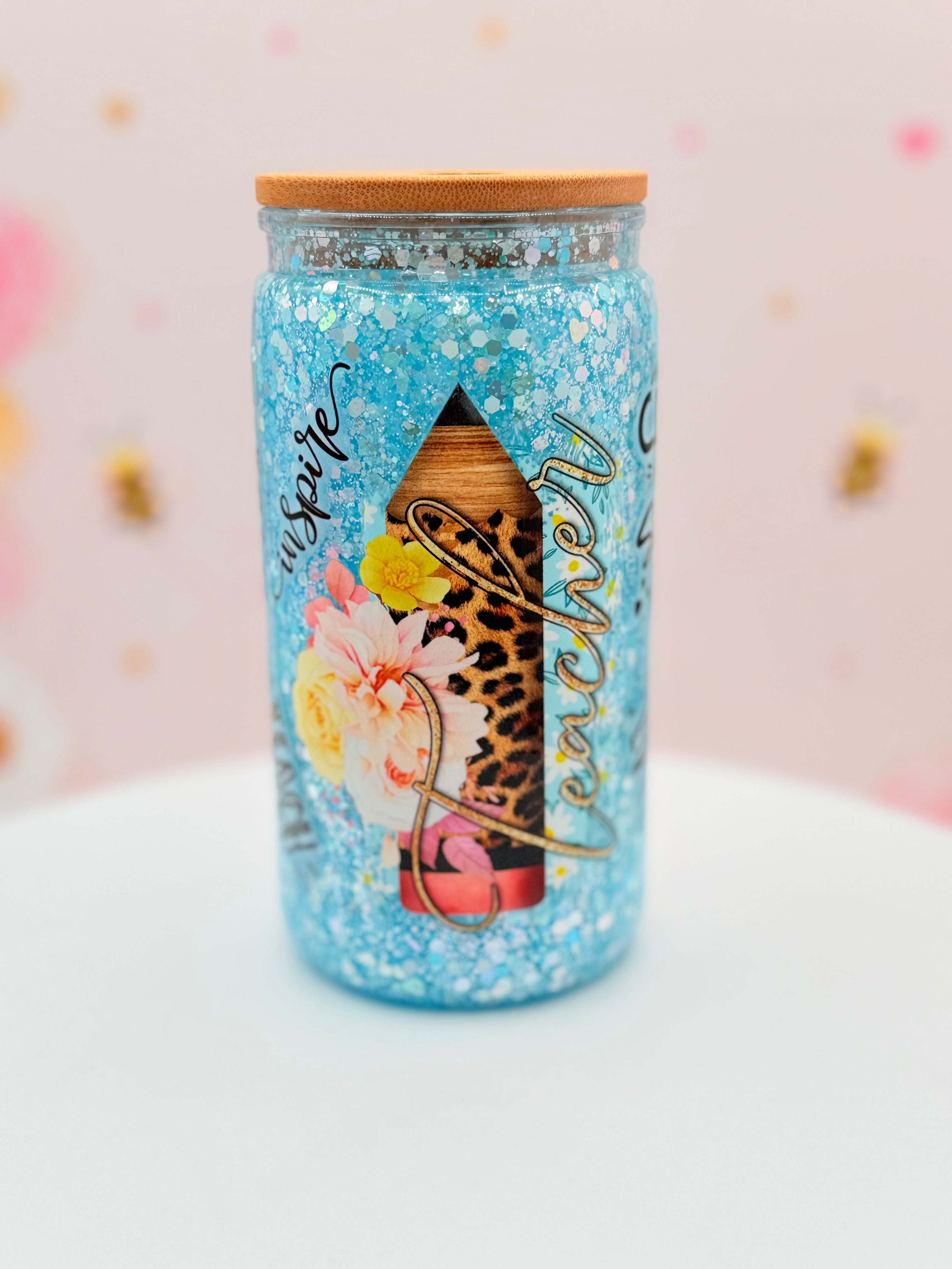 Personalized Teacher Glitter Glass Can | 16 oz Blue Glitter Teacher Tumbler | Custom Teacher Name Cup | Appreciation Gift | Bamboo Lid & Glass Straw