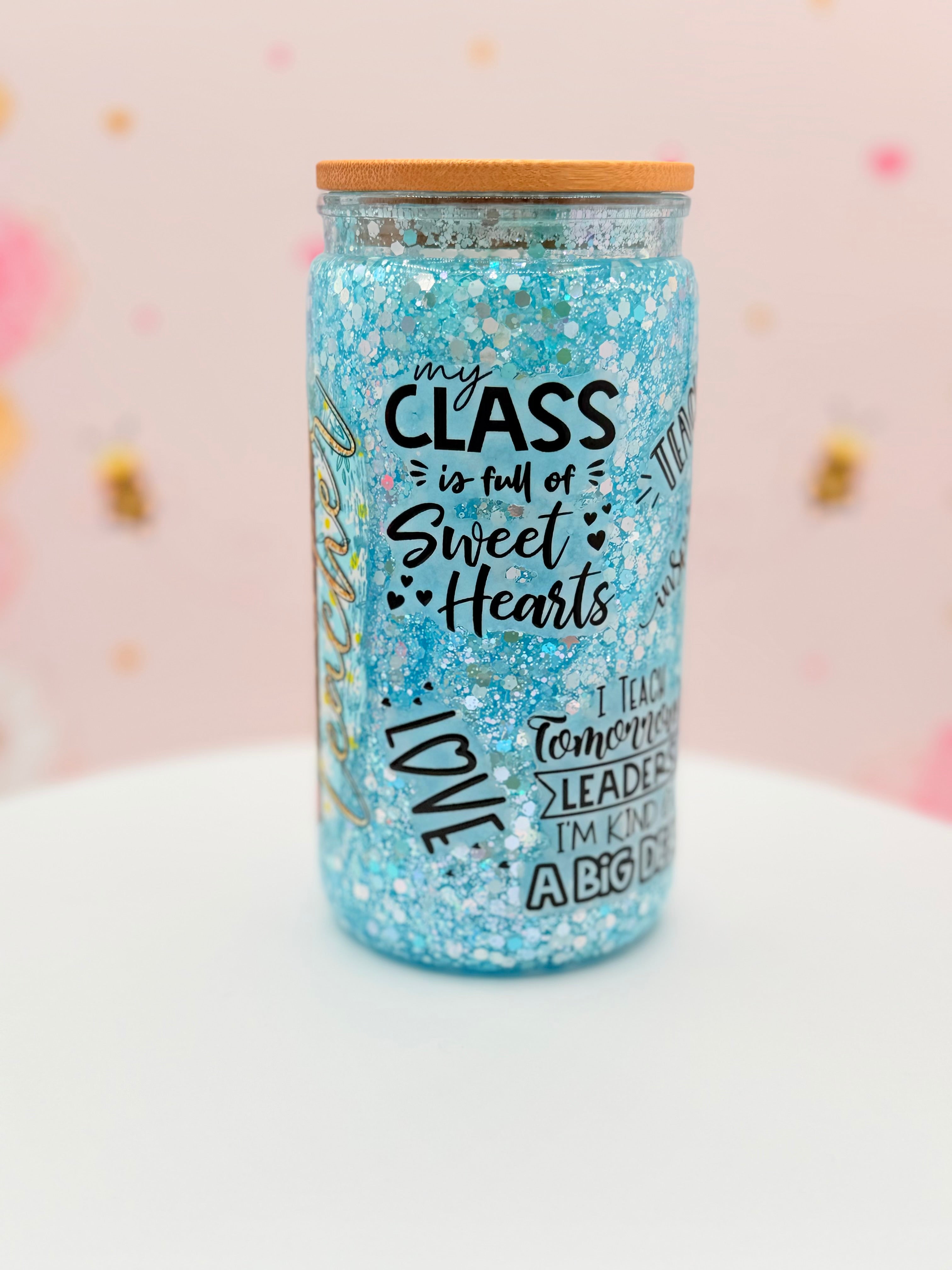 Personalized Teacher Glitter Glass Can | 16 oz Blue Glitter Teacher Tumbler | Custom Teacher Name Cup | Appreciation Gift | Bamboo Lid & Glass Straw