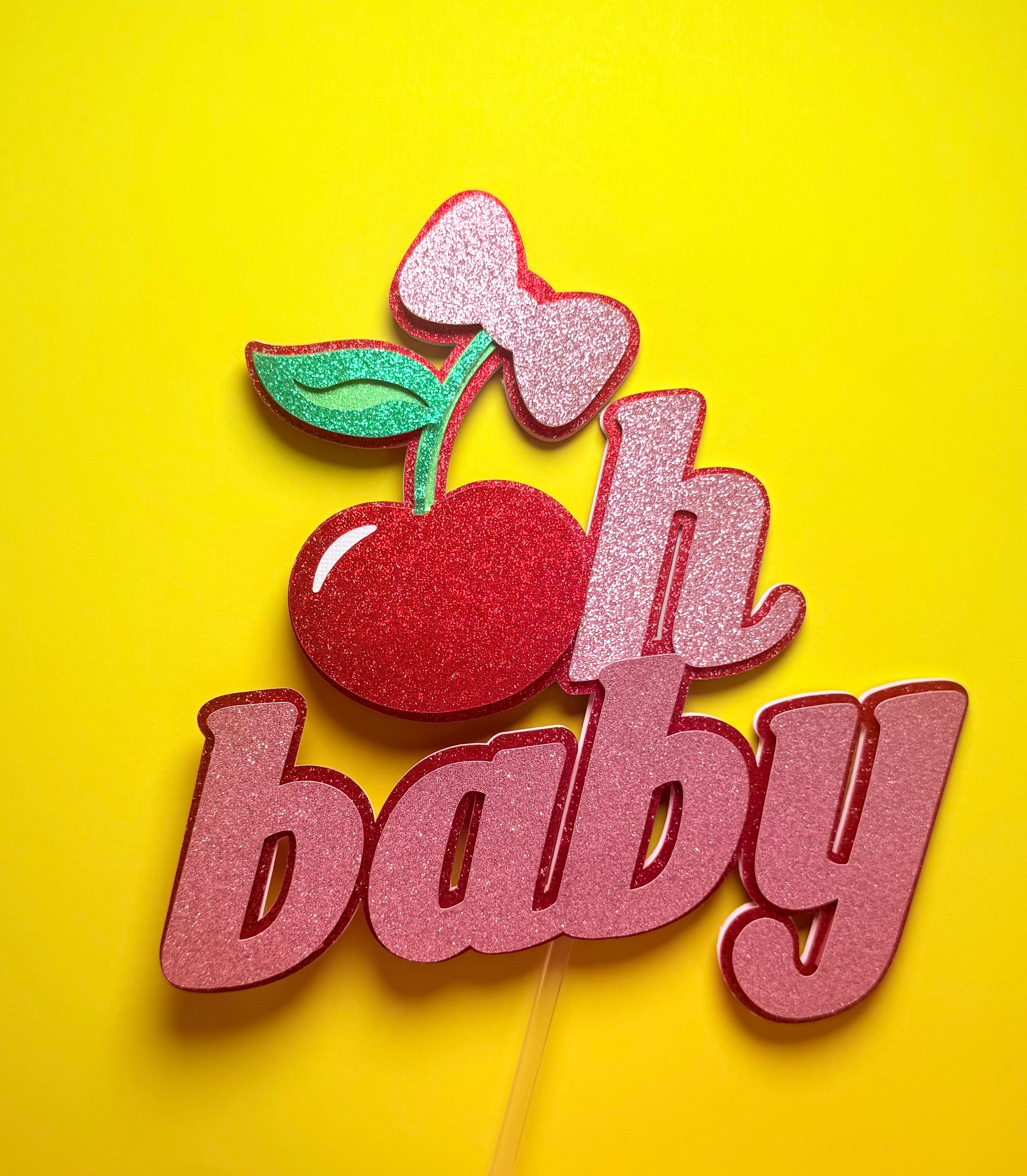 Oh Baby Cherry Cake Topper | Pink Glitter, Coquette Bow, Baby Shower Decoration