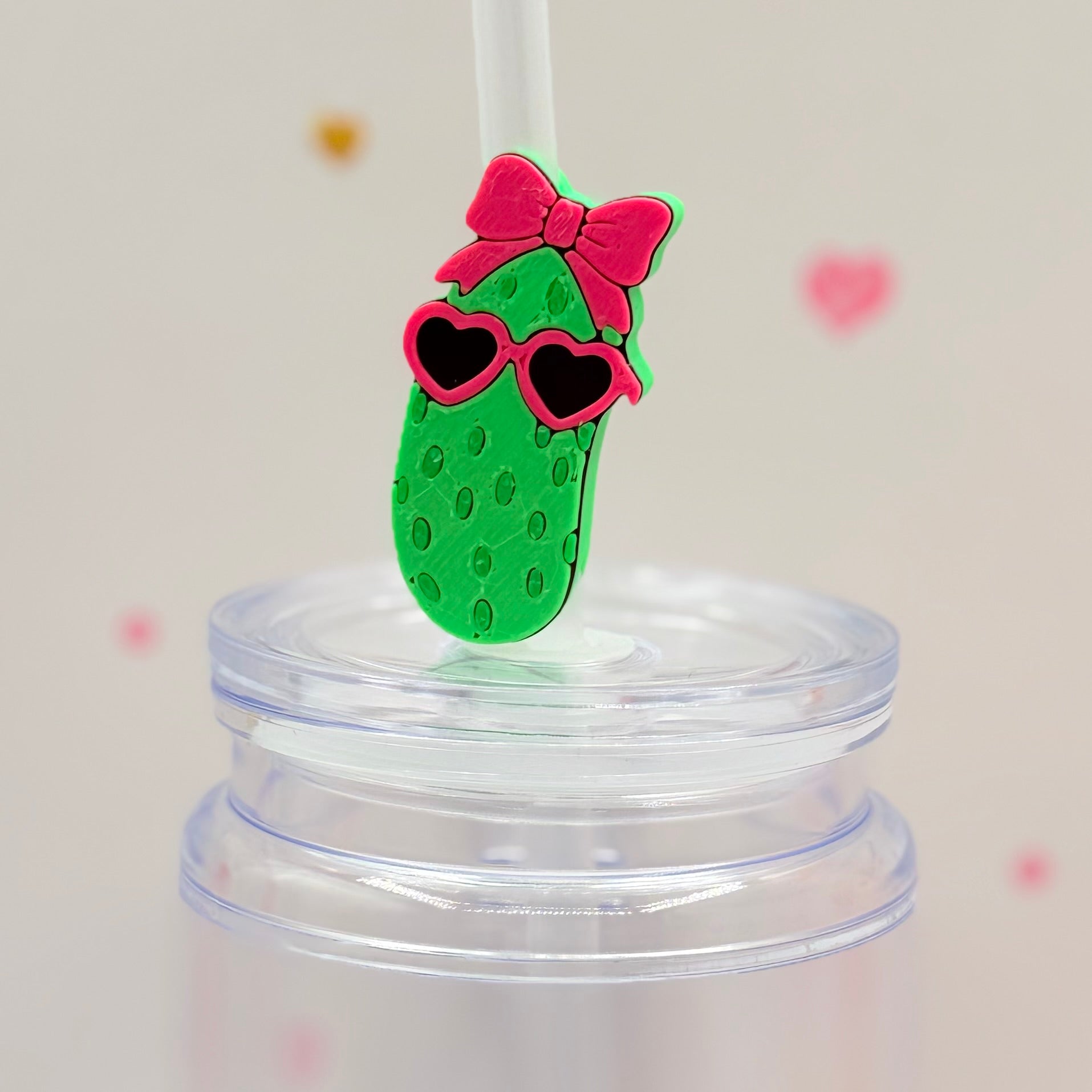 Cute Pickle Straw Topper | Pink Bow & Heart Sunglasses Straw Charm