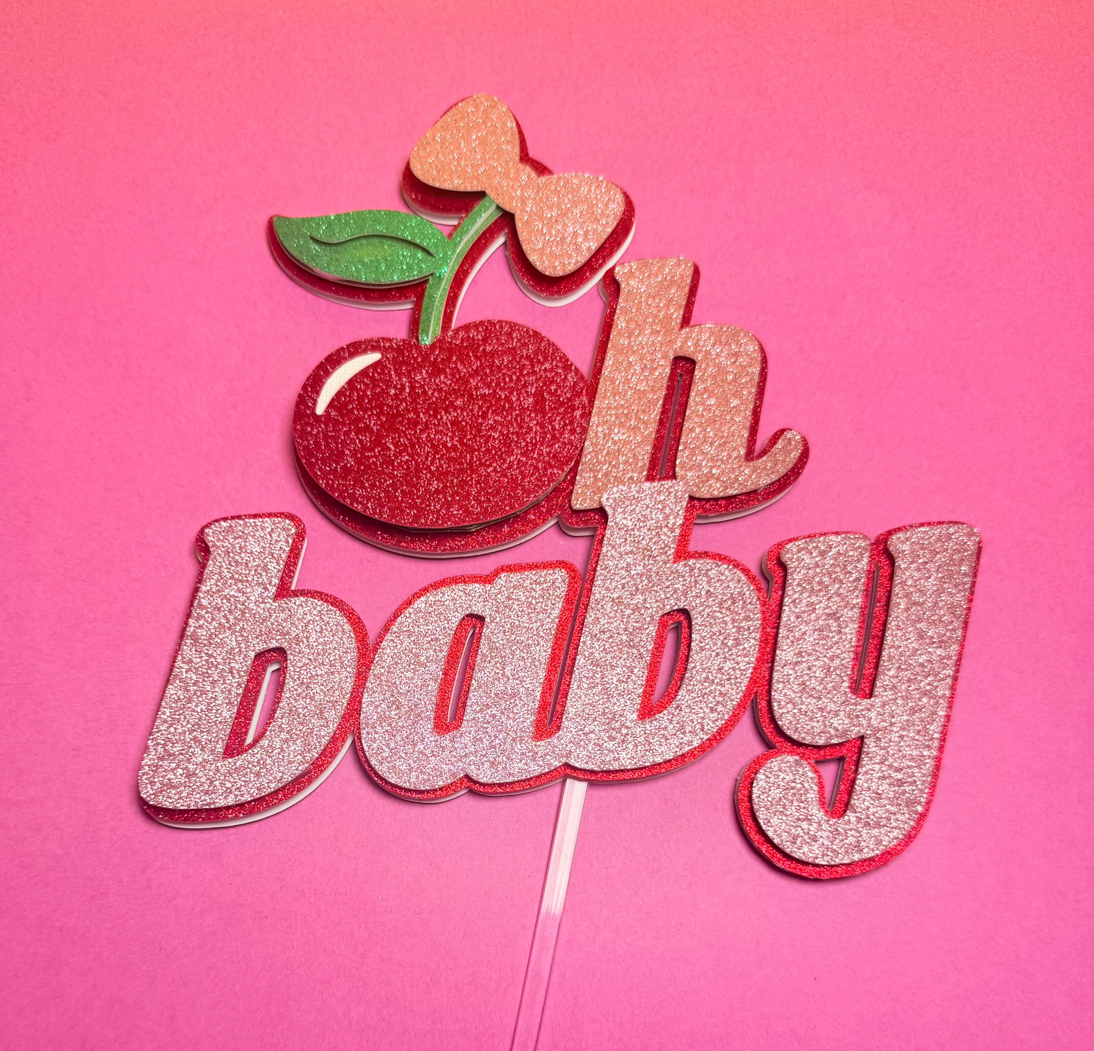 Oh Baby Cherry Cake Topper | Pink Glitter, Coquette Bow, Baby Shower Decoration