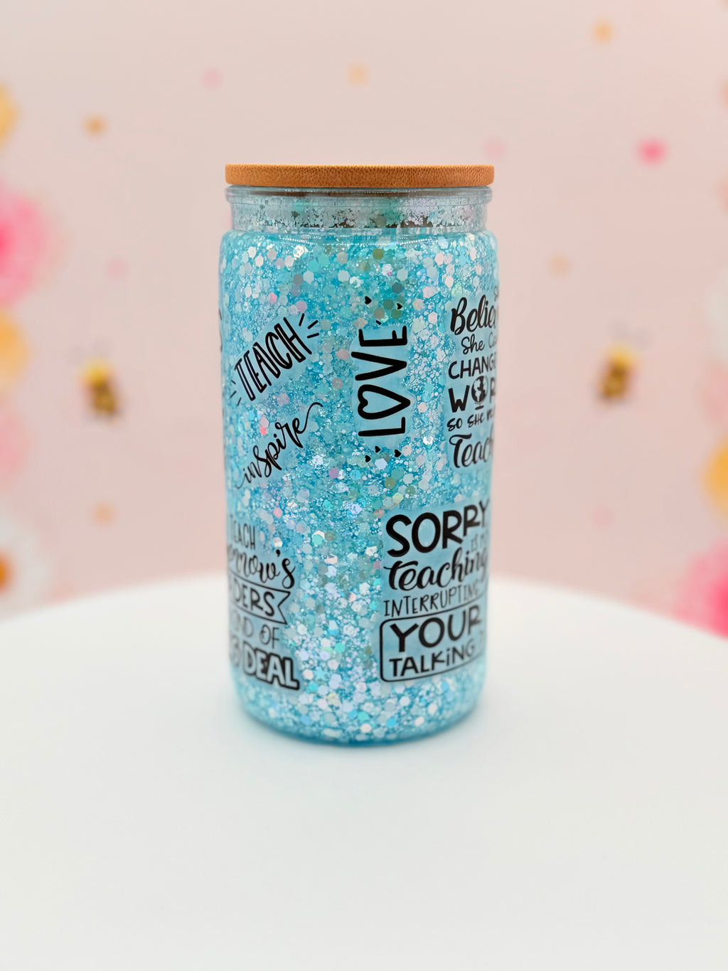 Personalized Teacher Glitter Glass Can | 16 oz Blue Glitter Teacher Tumbler | Custom Teacher Name Cup | Appreciation Gift | Bamboo Lid & Glass Straw