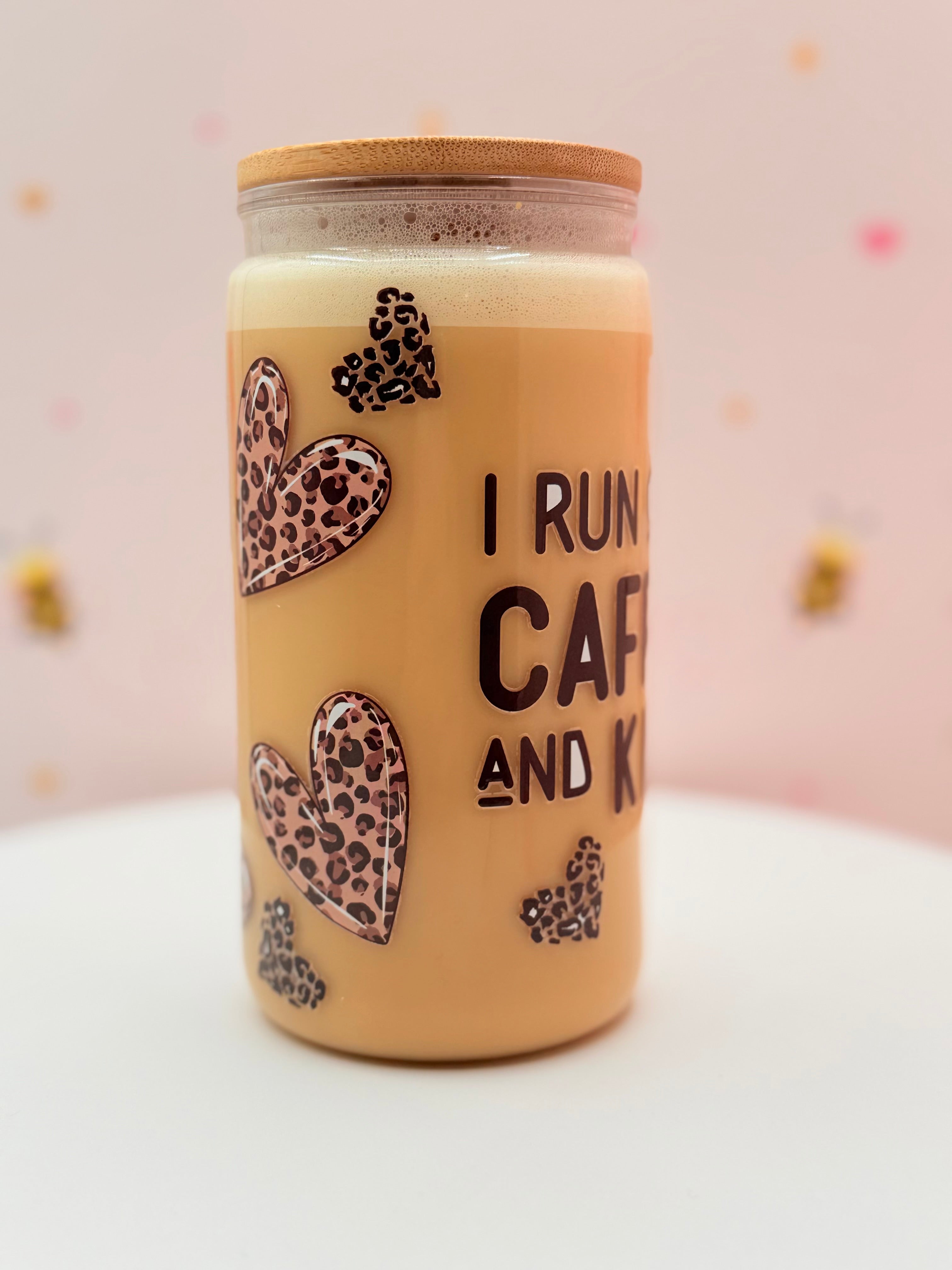 I Run on Caffeine and Kisses Glass Can Cup | Leopard Heart Iced Coffee Cup | Cute Coffee Lover Tumbler | 16 oz Bamboo Lid & Glass Straw