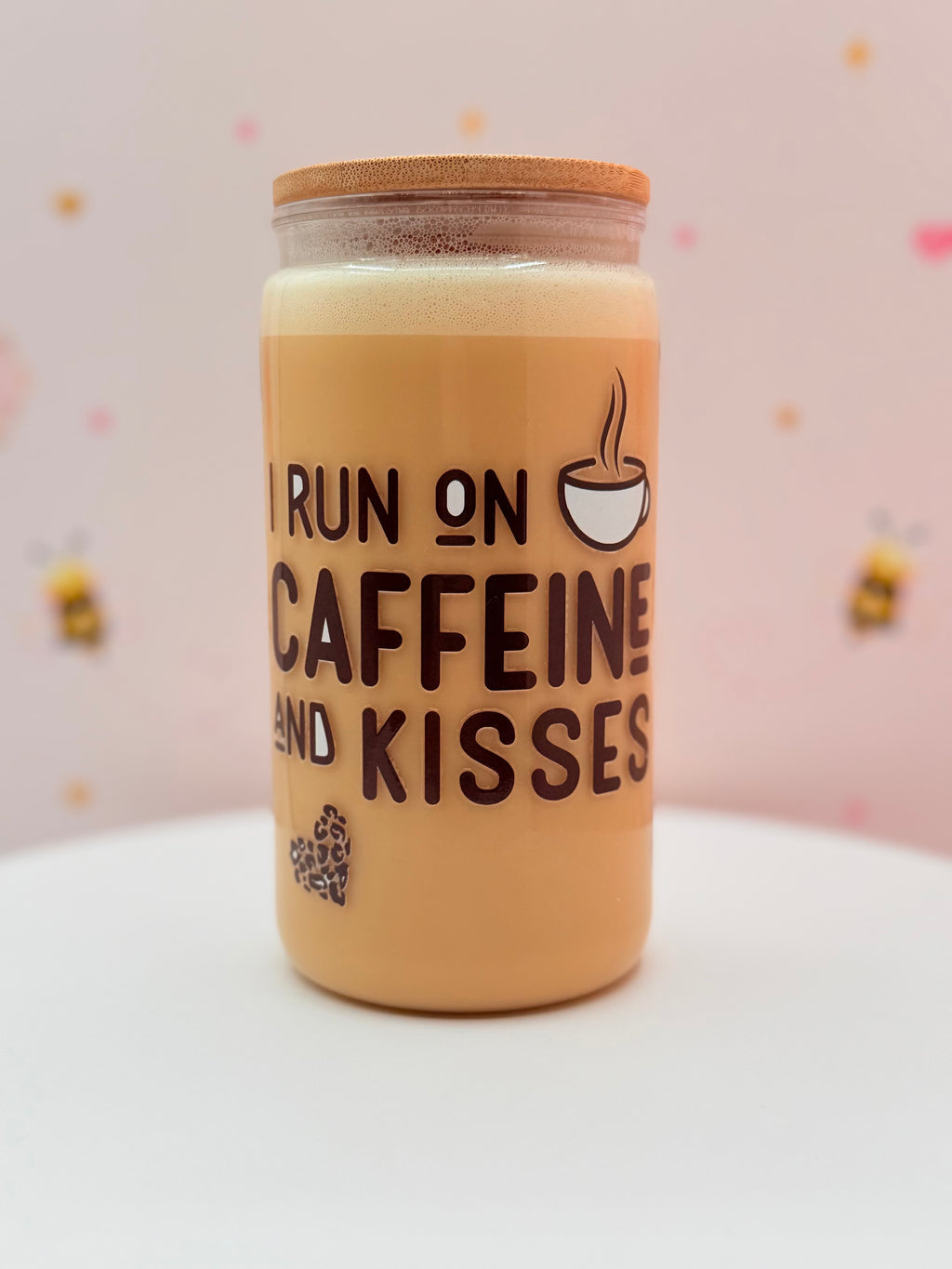 I Run on Caffeine and Kisses Glass Can Cup | Leopard Heart Iced Coffee Cup | Cute Coffee Lover Tumbler | 16 oz Bamboo Lid & Glass Straw