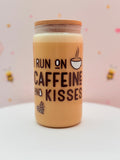 I Run on Caffeine and Kisses Glass Can Cup | Leopard Heart Iced Coffee Cup | Cute Coffee Lover Tumbler | 16 oz Bamboo Lid & Glass Straw