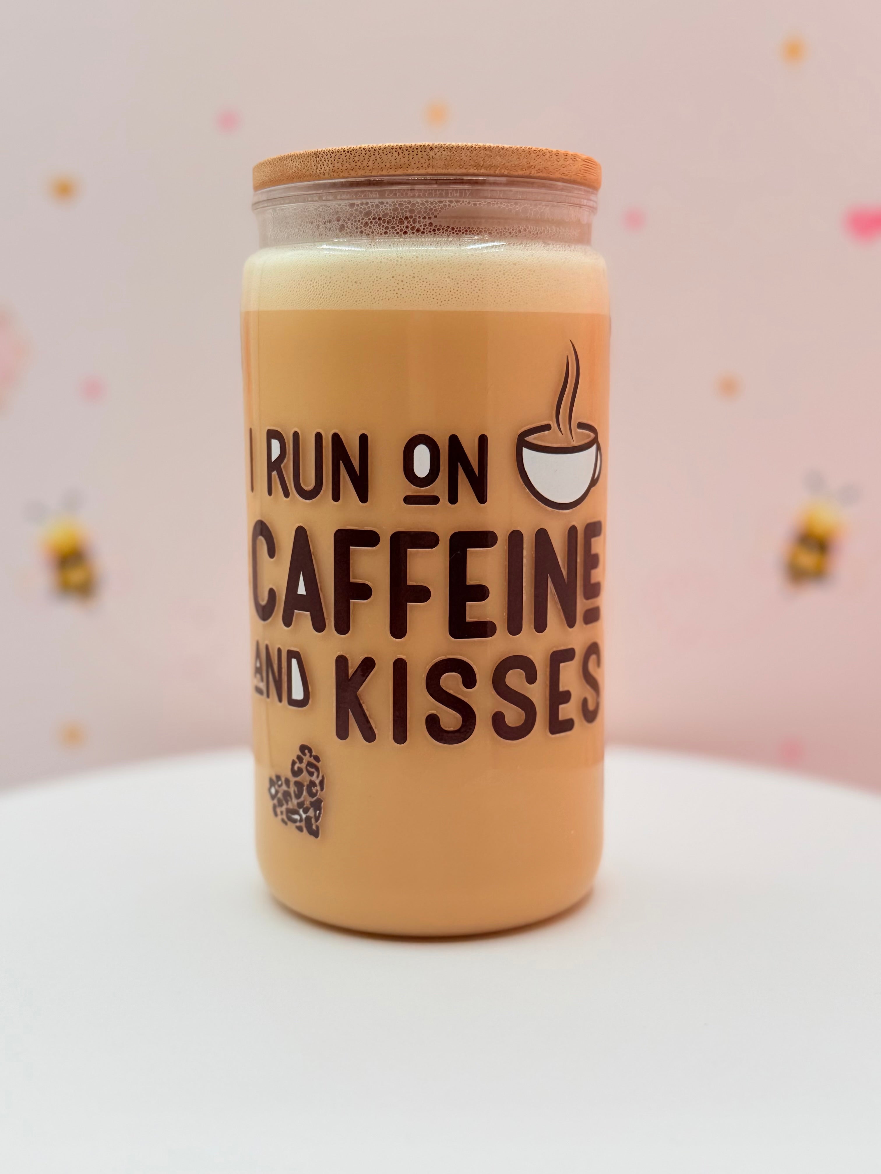 I Run on Caffeine and Kisses Glass Can Cup | Leopard Heart Iced Coffee Cup | Cute Coffee Lover Tumbler | 16 oz Bamboo Lid & Glass Straw