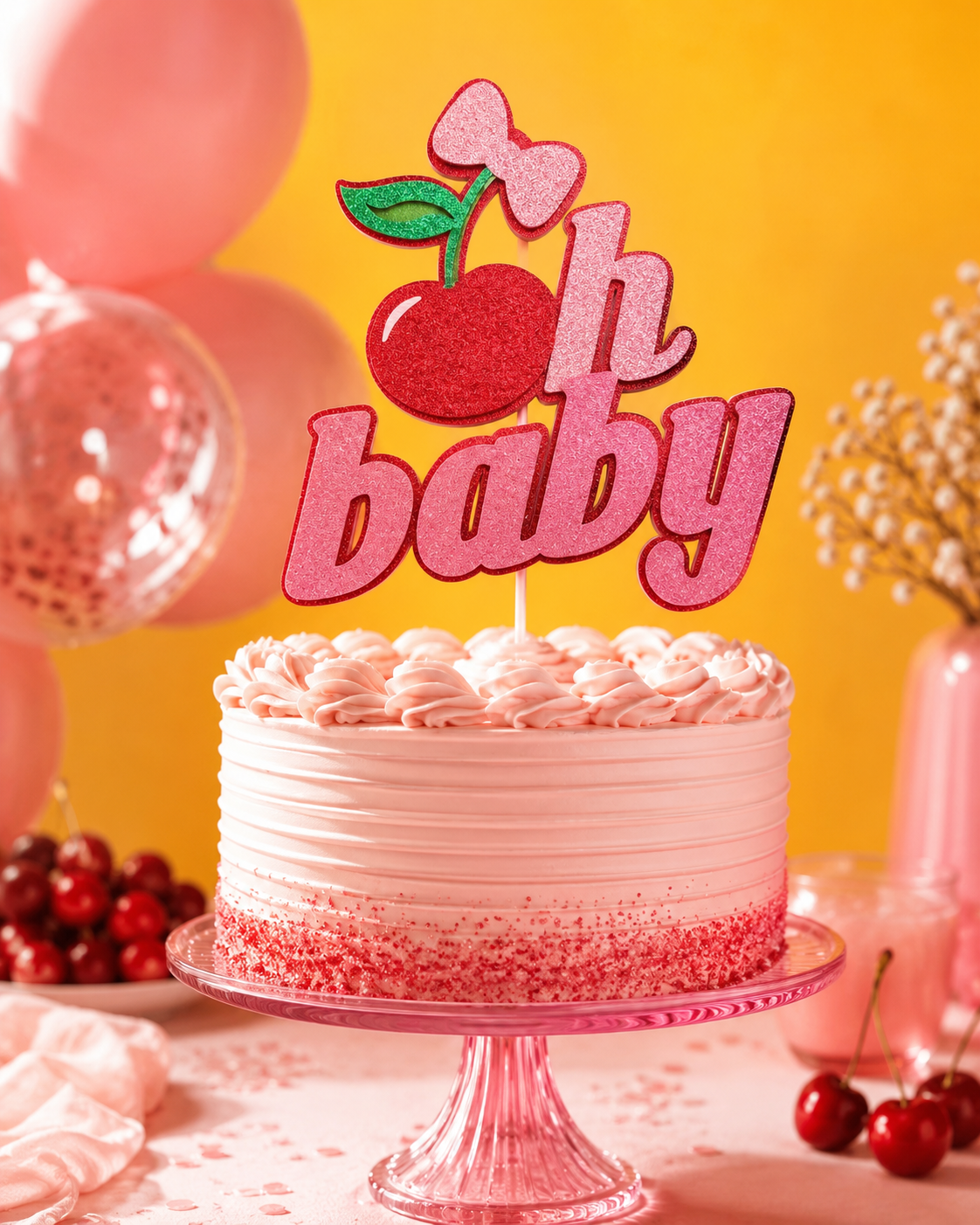 Oh Baby Cherry Cake Topper | Pink Glitter, Coquette Bow, Baby Shower Decoration