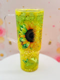 Lava Tumbler | Handmade Yellow Glitter Flow Cup | 40 oz Double Wall Acrylic Tumbler with Handle | Floral Gift for Sunflower Lovers