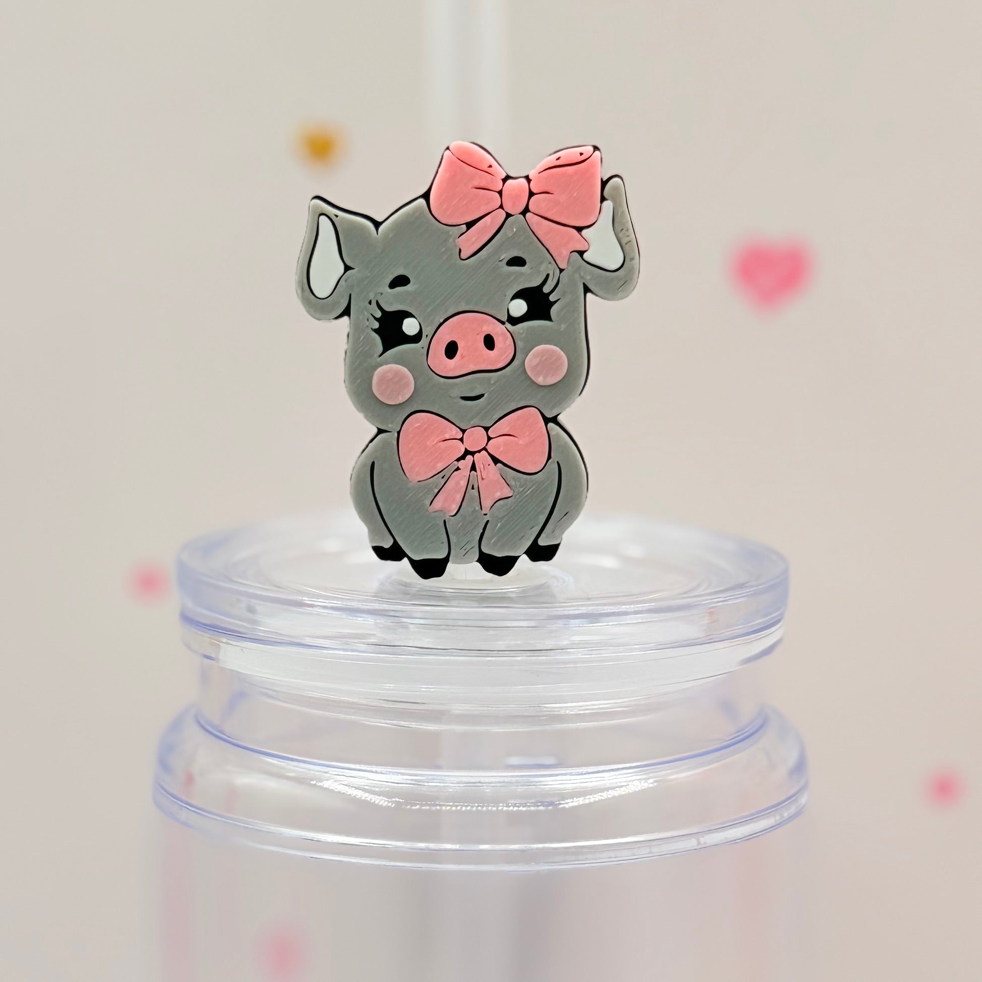 Cute Pink Bow Pig Straw Topper | Piggy Straw Charm