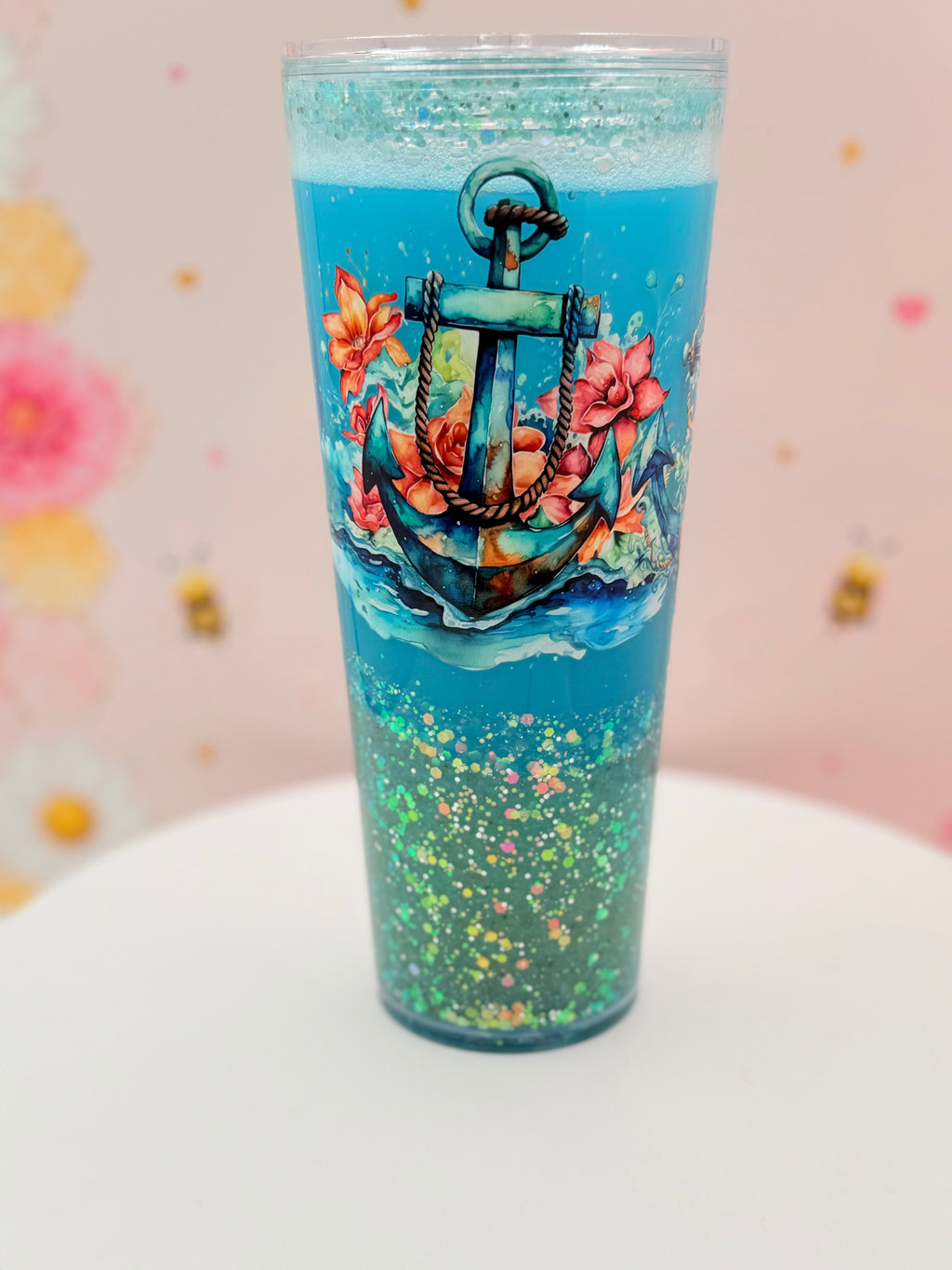Coastal Anchor Lava Tumbler | Handmade Ocean Glitter Flow Cup | 24 oz Double Wall Acrylic Tumbler | Nautical Beach Gift