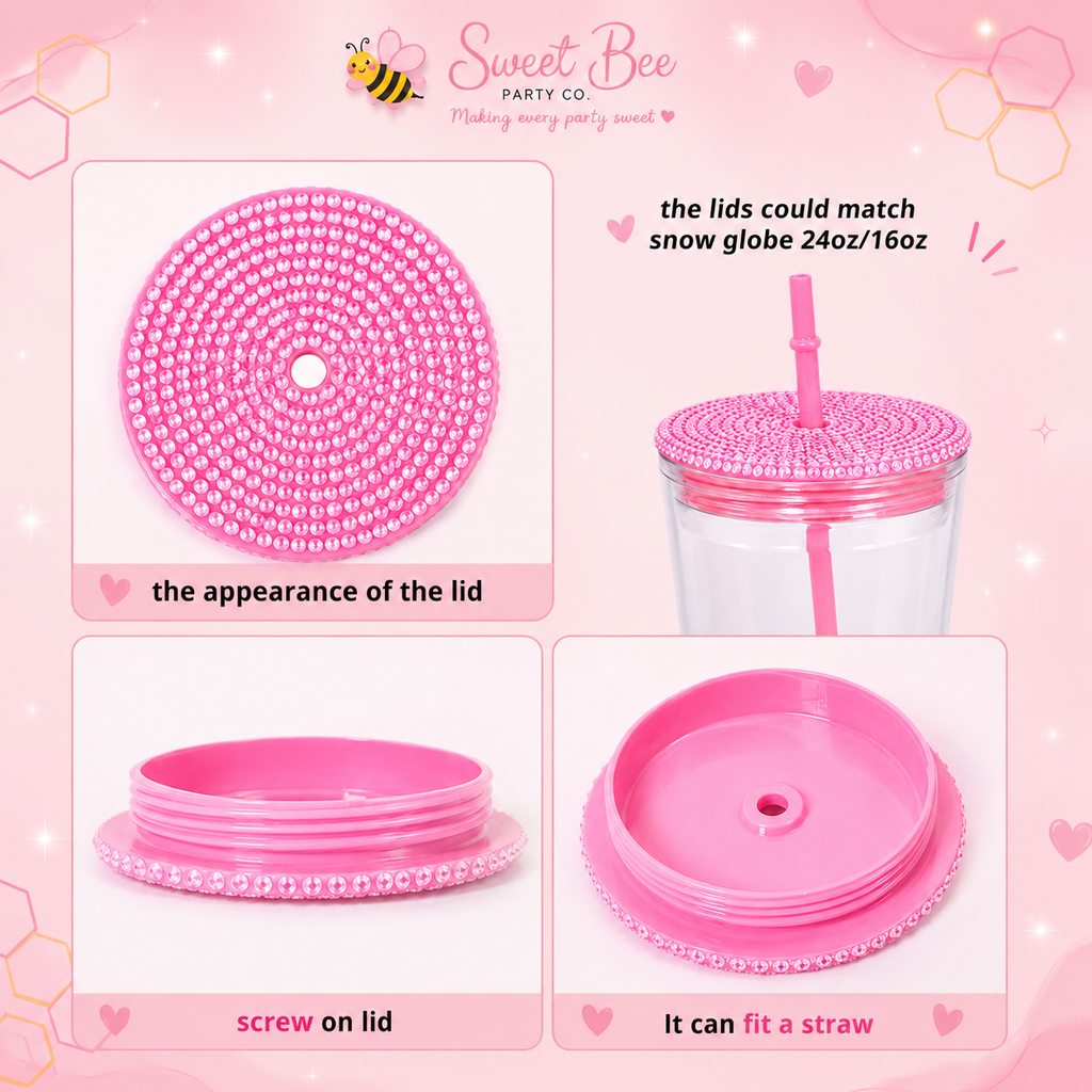Rhinestone Tumbler Lid & Matching Straw Set | Bling Replacement Lid for 16 oz & 24 oz Snow Globe Tumblers | Sparkly BPA-Free Lid with Straw