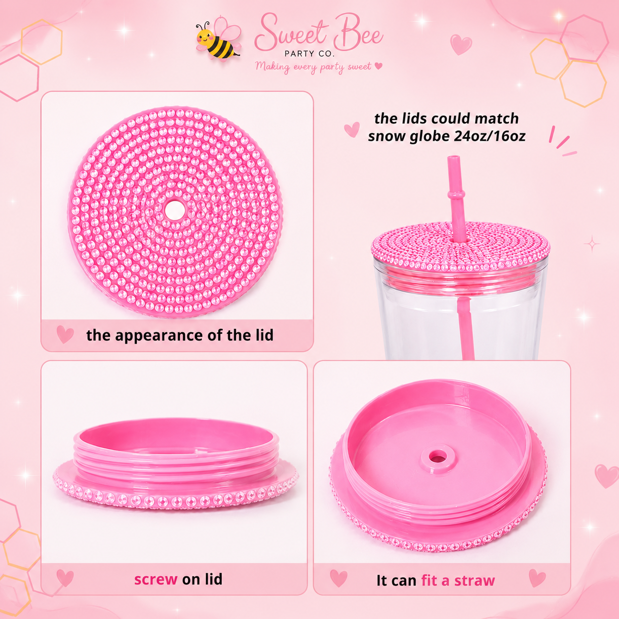 Rhinestone Tumbler Lid & Matching Straw Set | Bling Replacement Lid for 16 oz & 24 oz Snow Globe Tumblers | Sparkly BPA-Free Lid with Straw